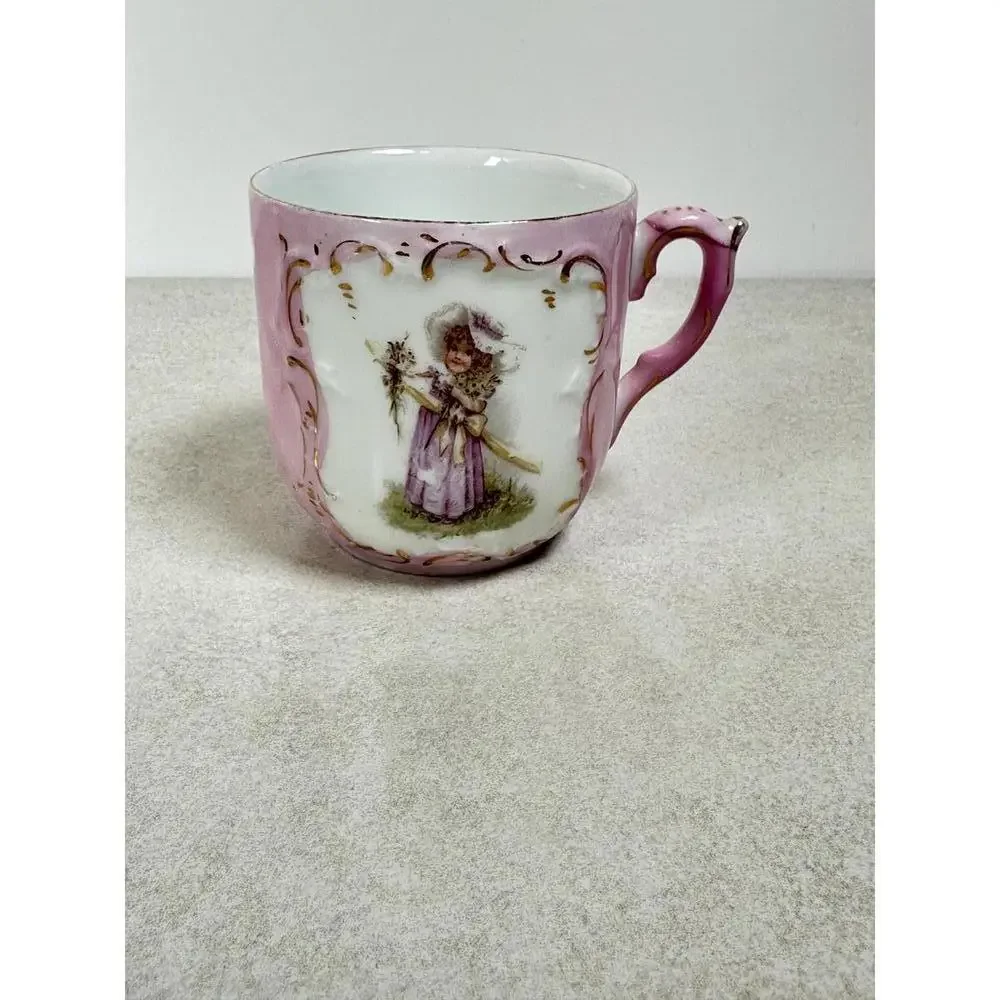 VTG Victorian Pink Lusterware Porcelain Cup Girl Transfer Gold Gilt Antique
